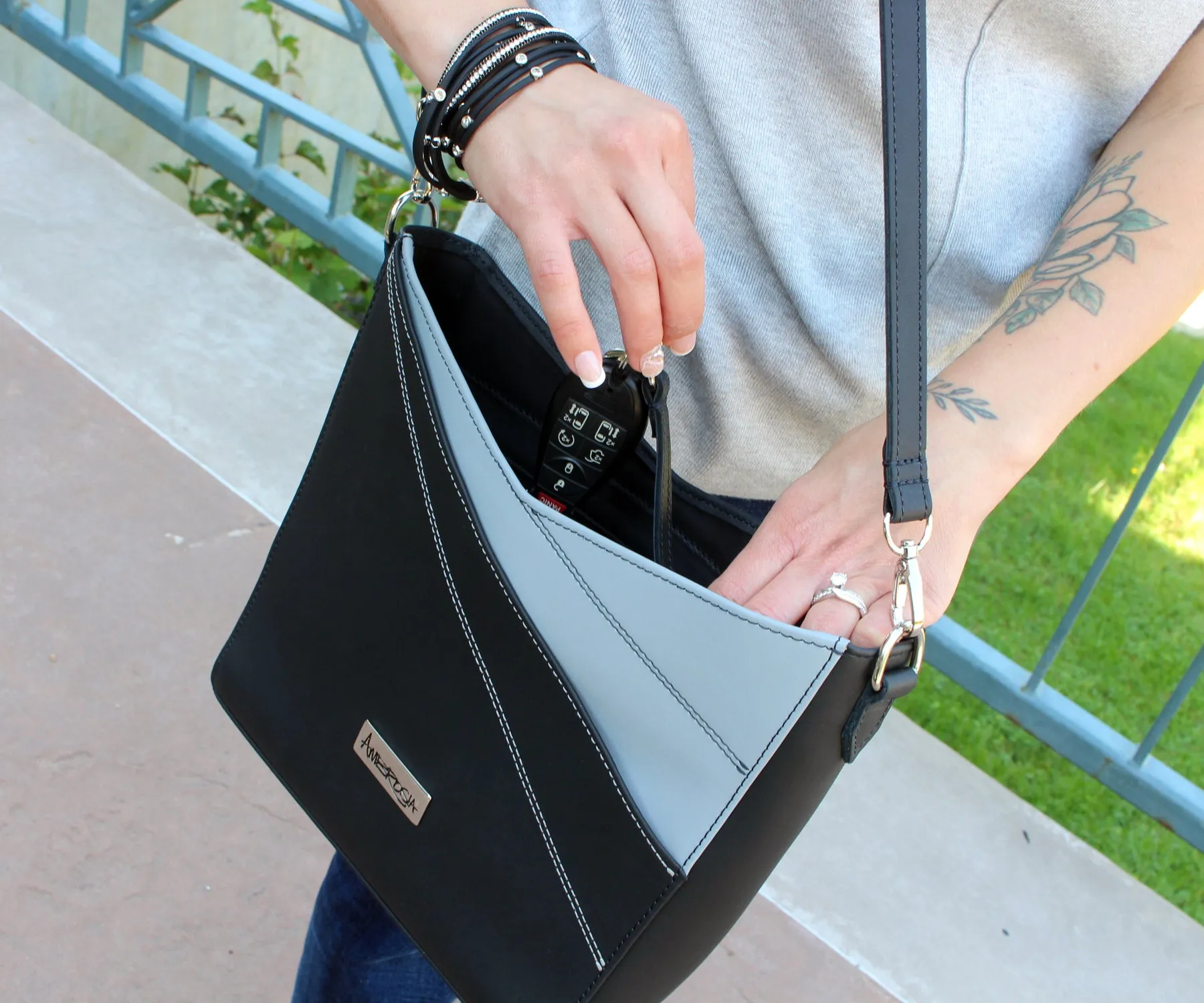 Angular Designer Leather Black Gray Handbag