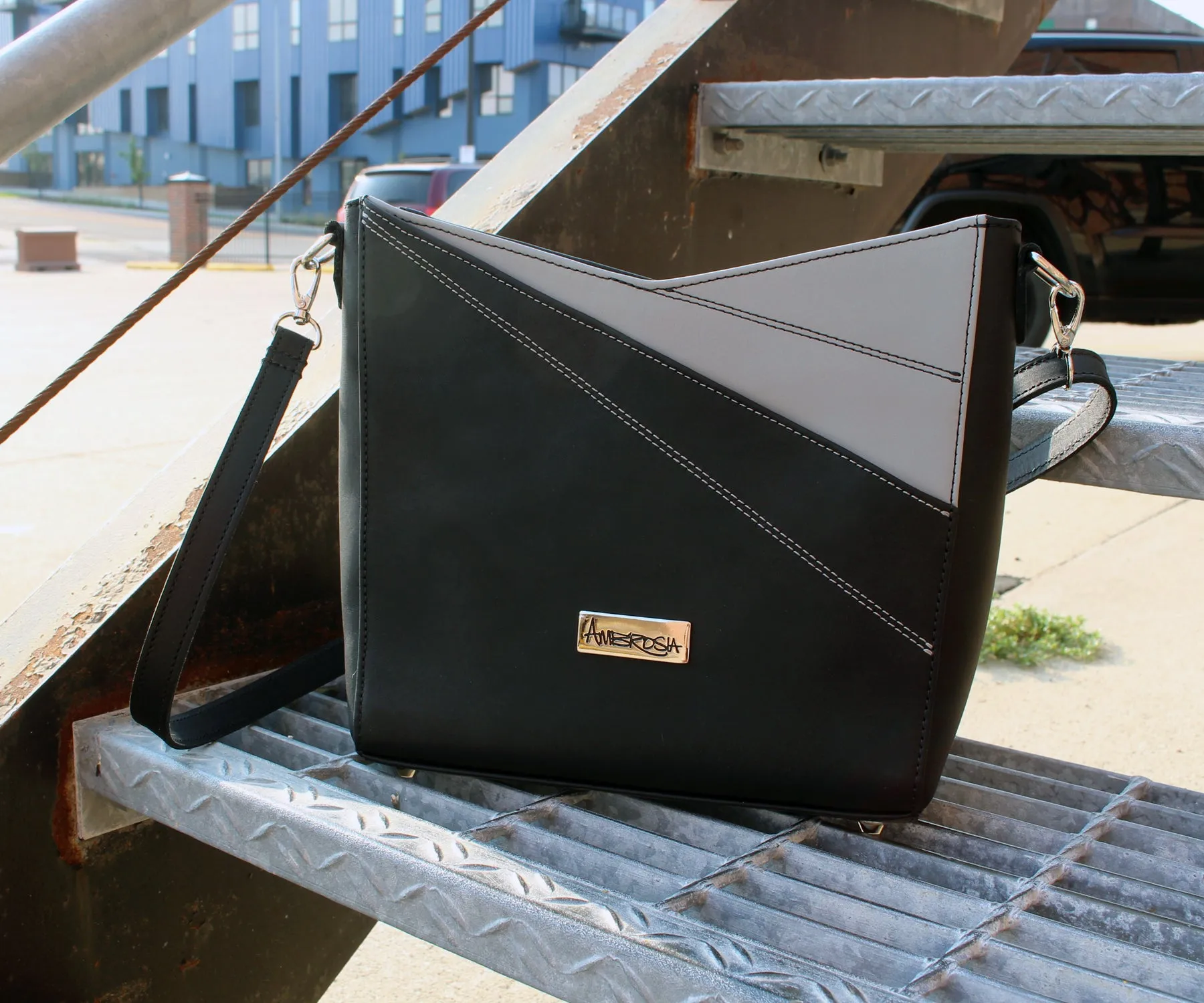 Angular Designer Leather Black Gray Handbag