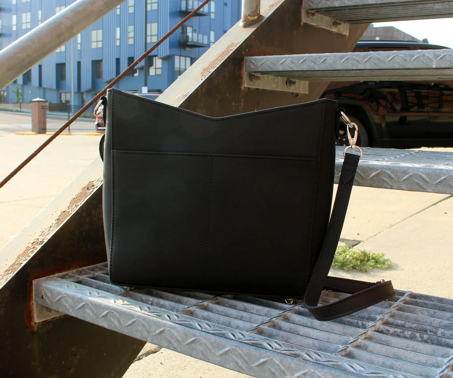 Angular Designer Leather Black Gray Handbag