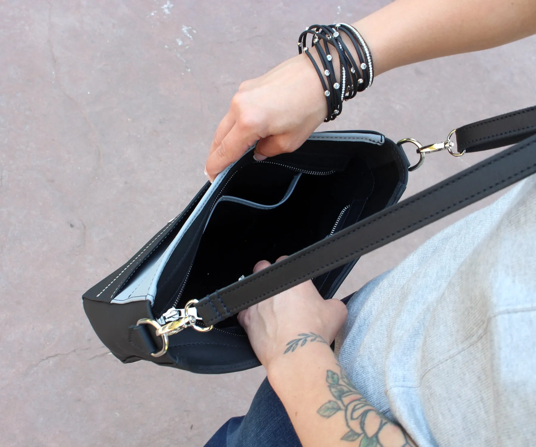 Angular Designer Leather Black Gray Handbag