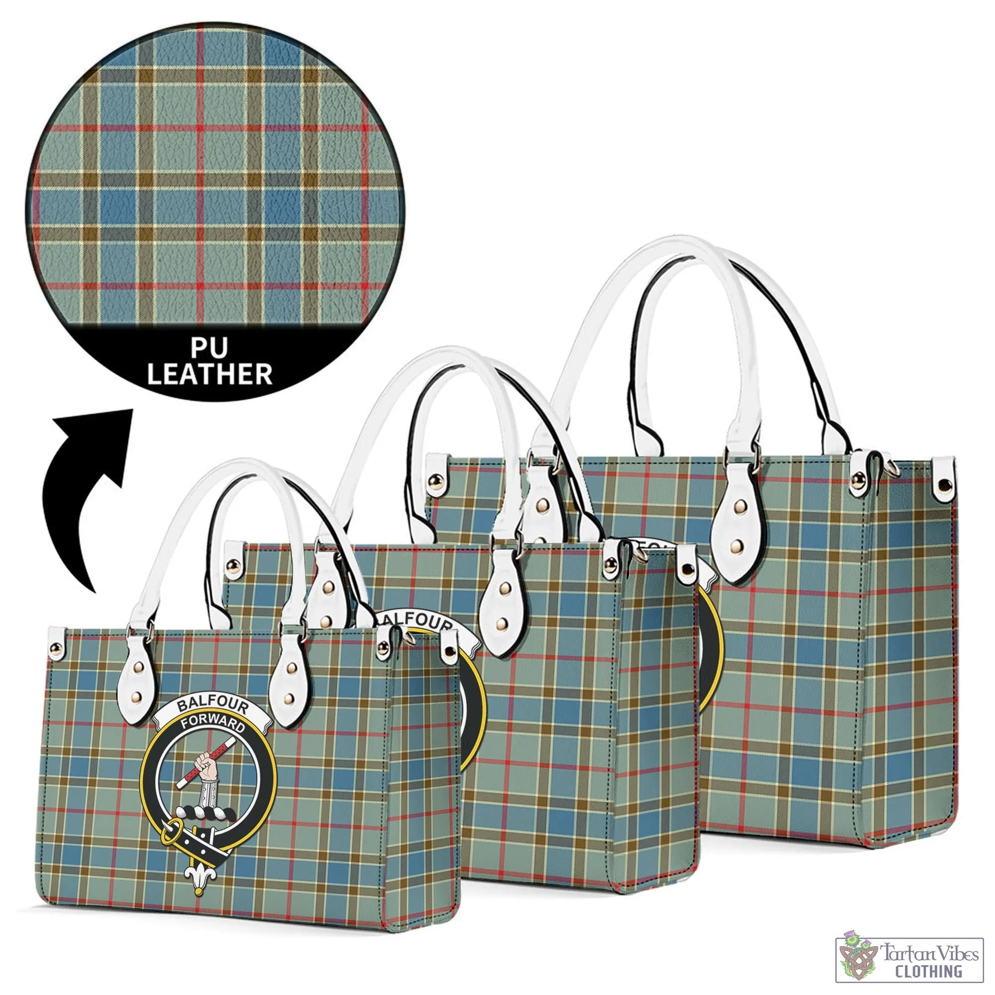 Balfour Blue Tartan Luxury Leather Handbags with Family Crest