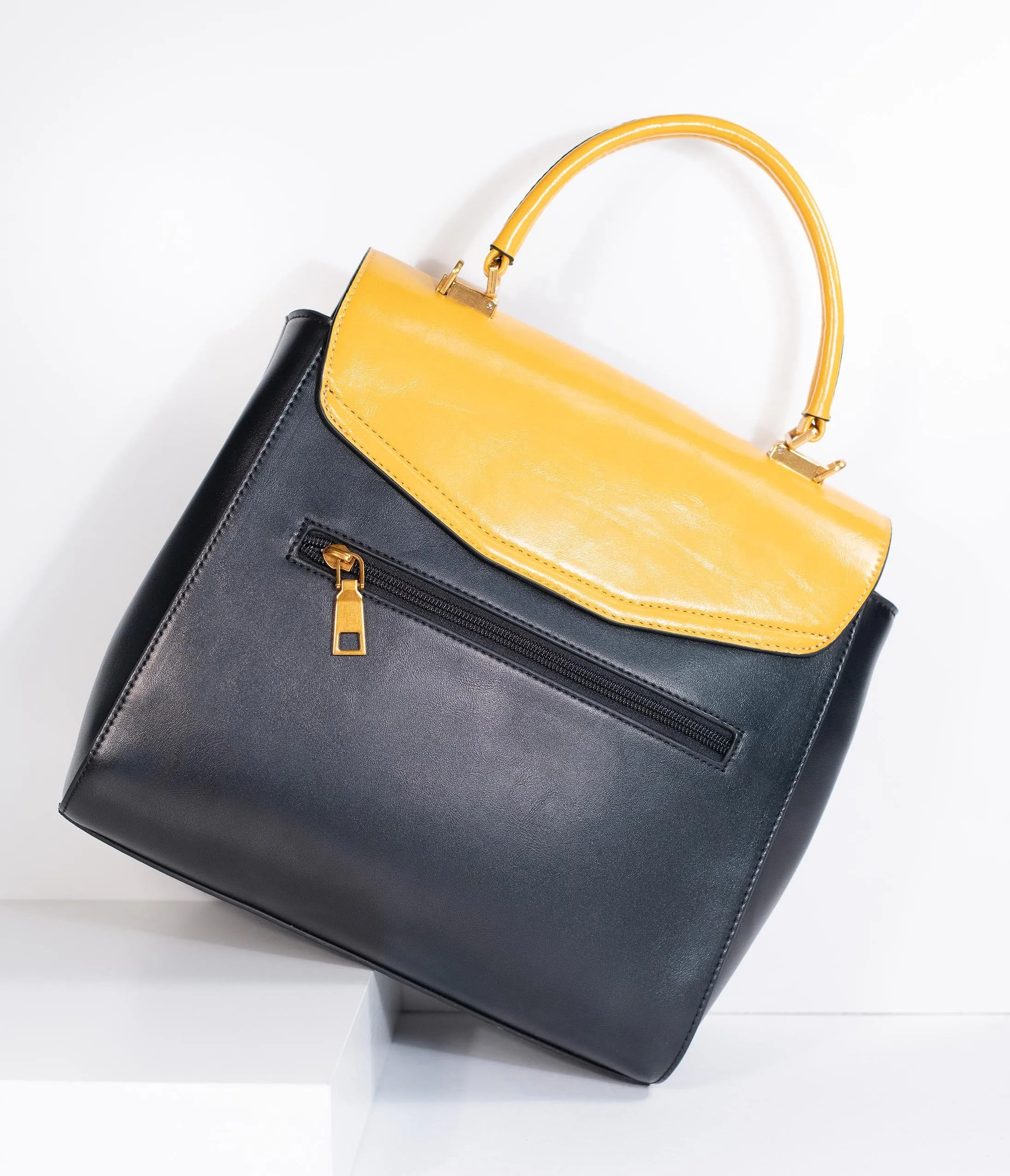 Black & Mustard Yellow Leatherette Waterlily Purse