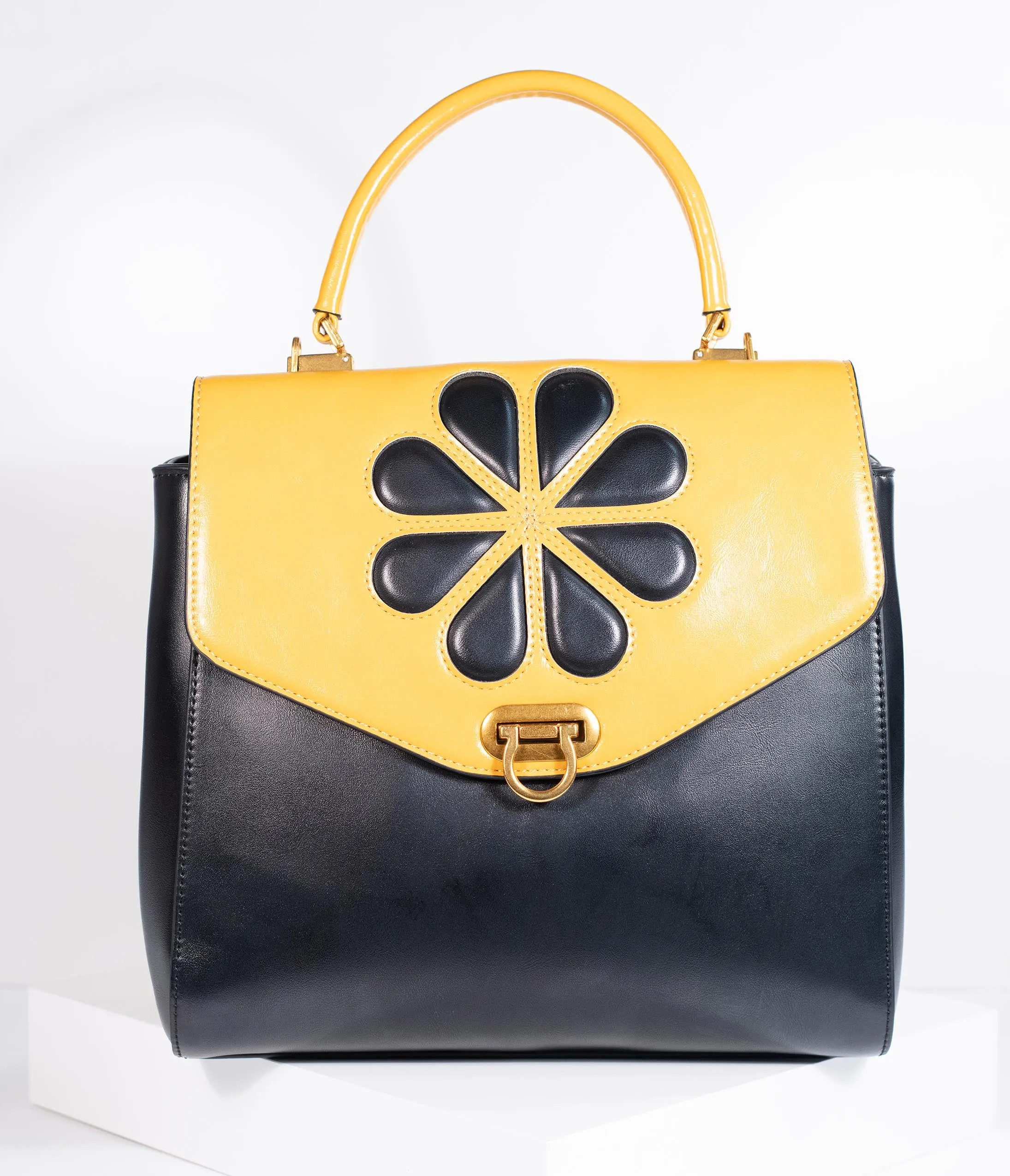 Black & Mustard Yellow Leatherette Waterlily Purse