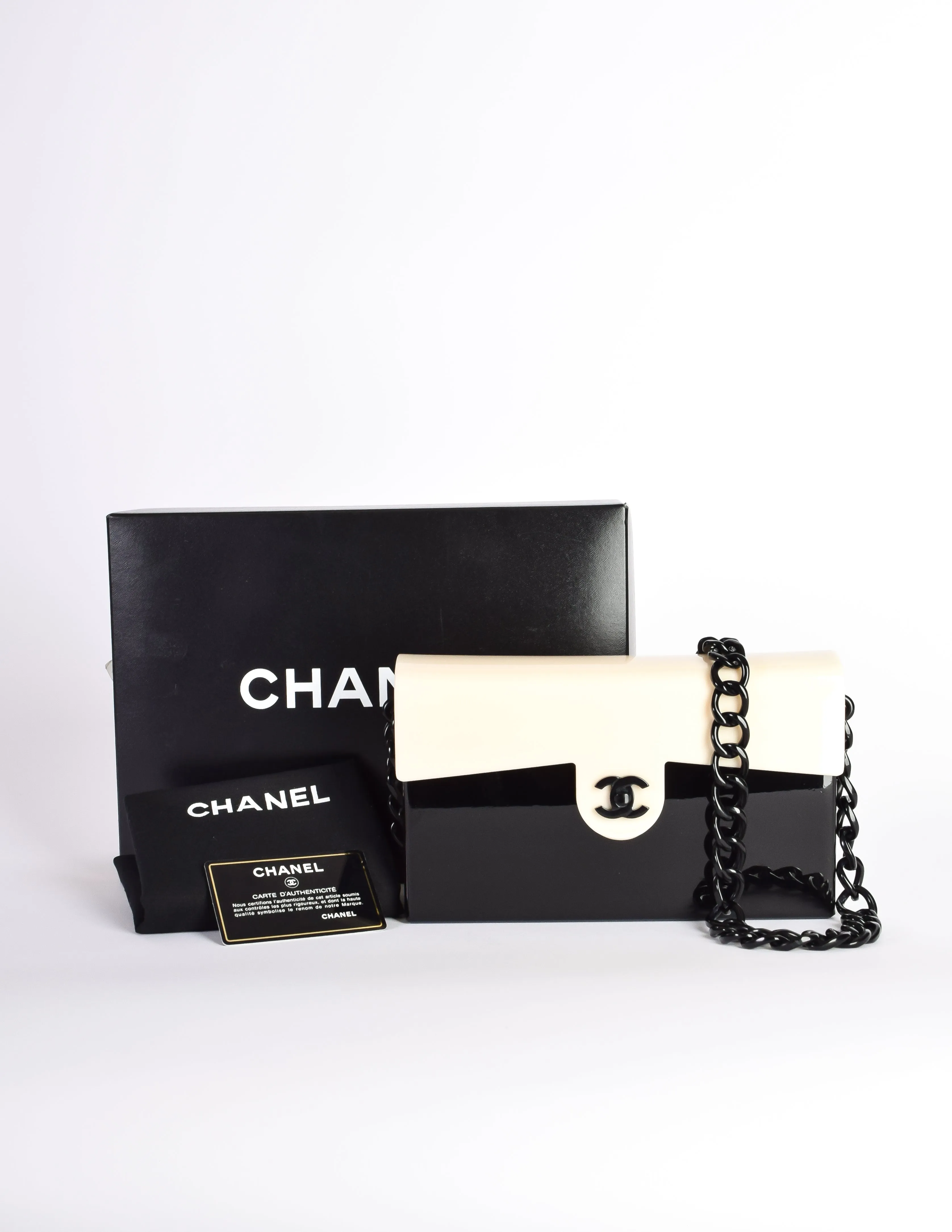 Chanel Vintage Unique Black and Cream Plexi Logo Turnlock Flap Bag