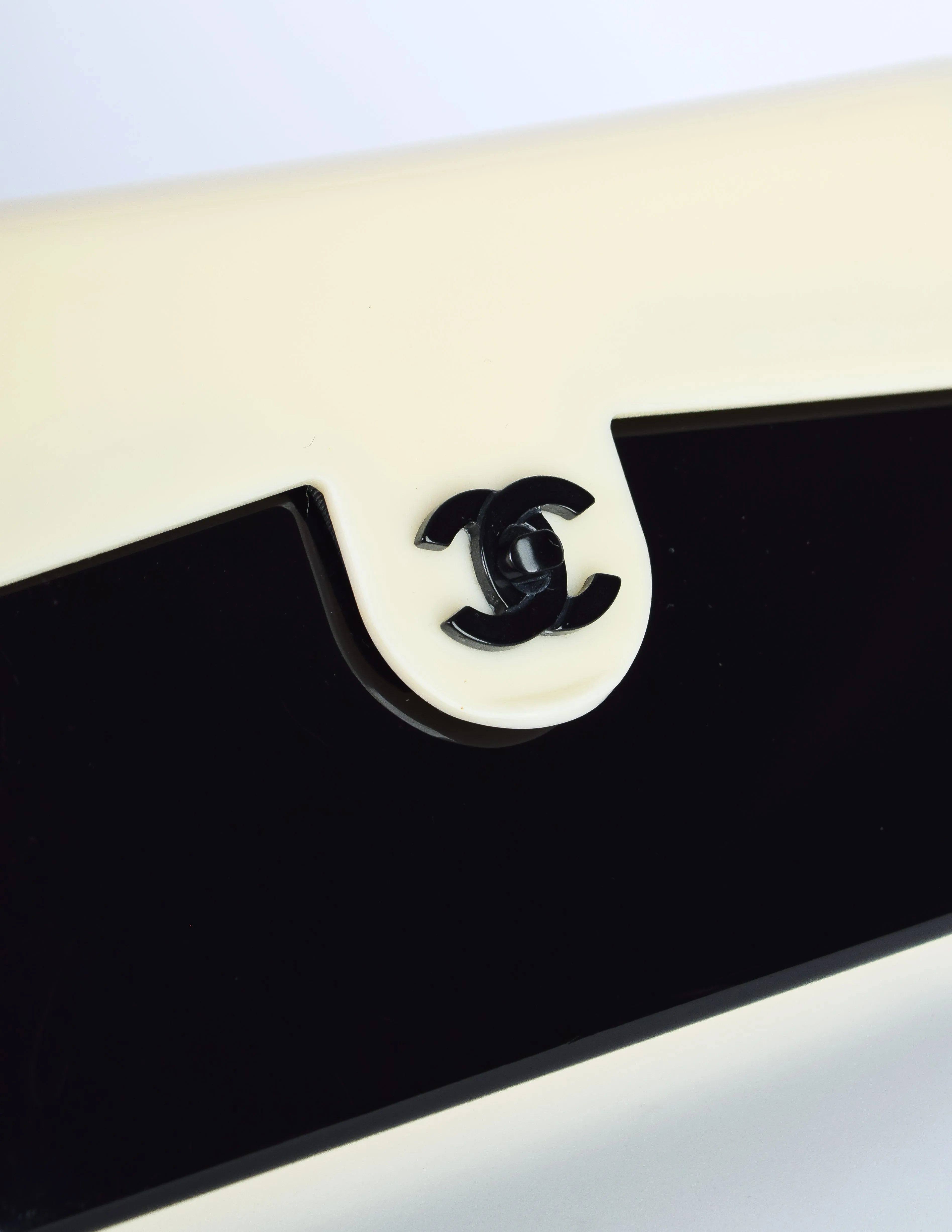 Chanel Vintage Unique Black and Cream Plexi Logo Turnlock Flap Bag