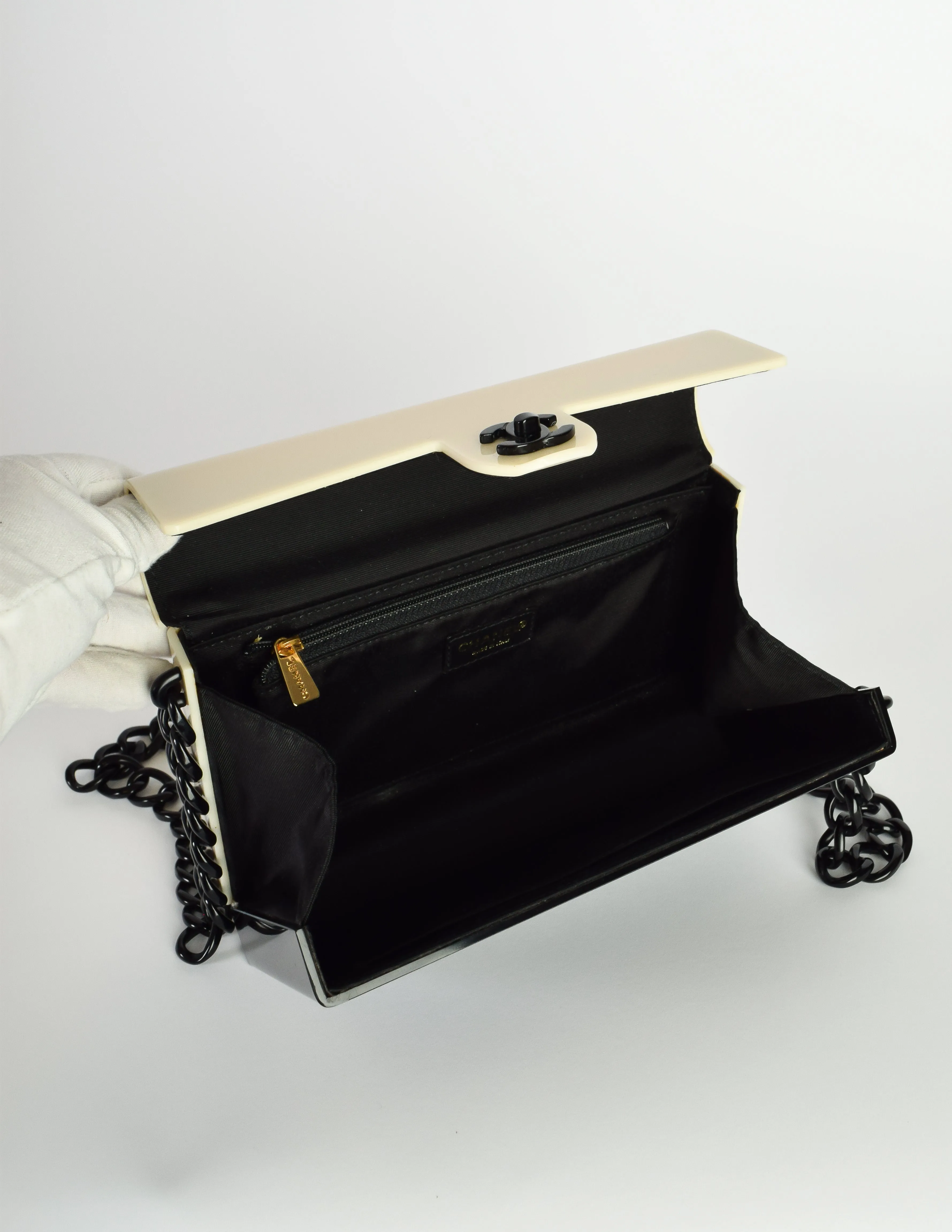 Chanel Vintage Unique Black and Cream Plexi Logo Turnlock Flap Bag