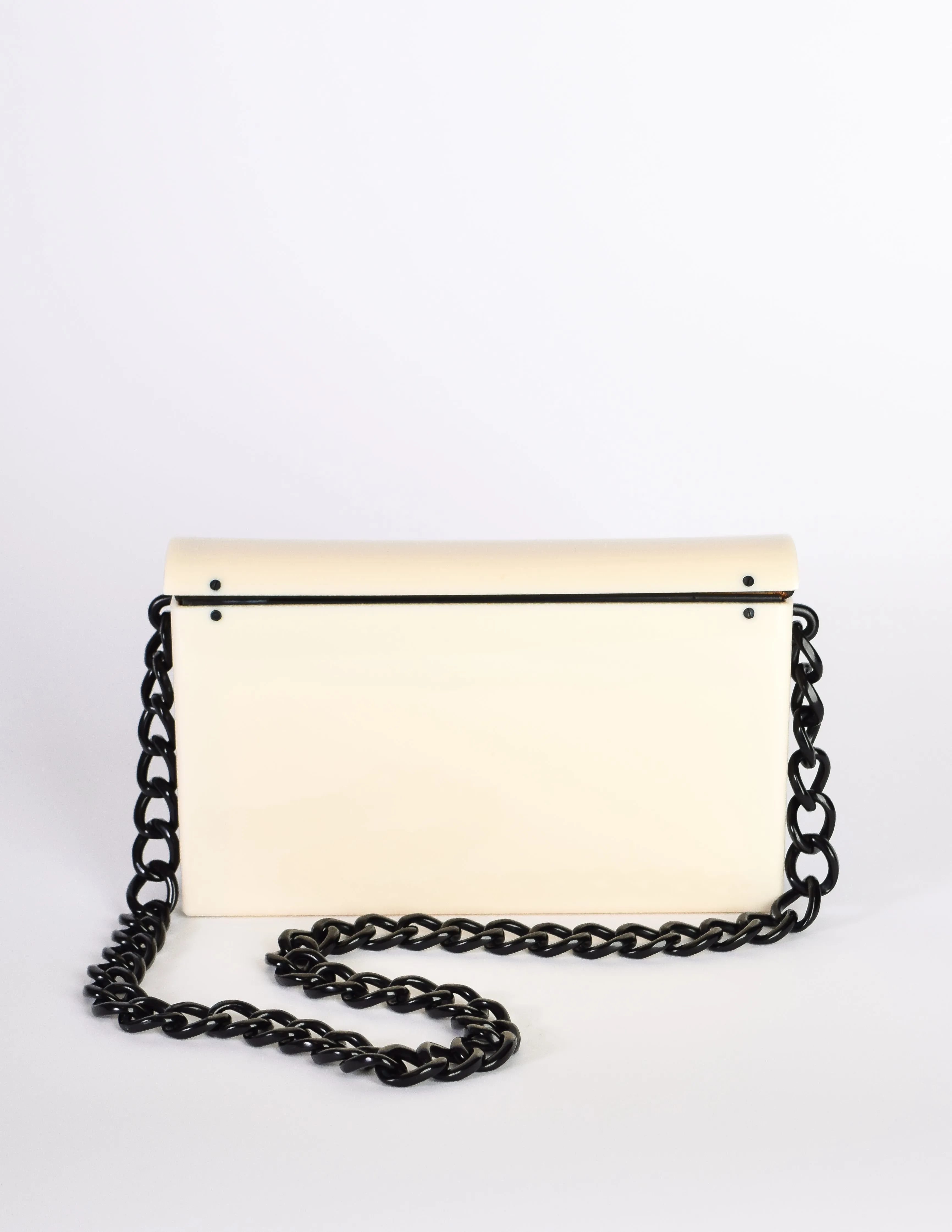 Chanel Vintage Unique Black and Cream Plexi Logo Turnlock Flap Bag