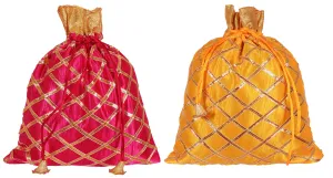 Kuber Industries Potli Bags Handbags for Women Gifting Wristlets for Wedding, Festival, Kitty Subh Shagun-Pack of 2 (Pink & Yellow)