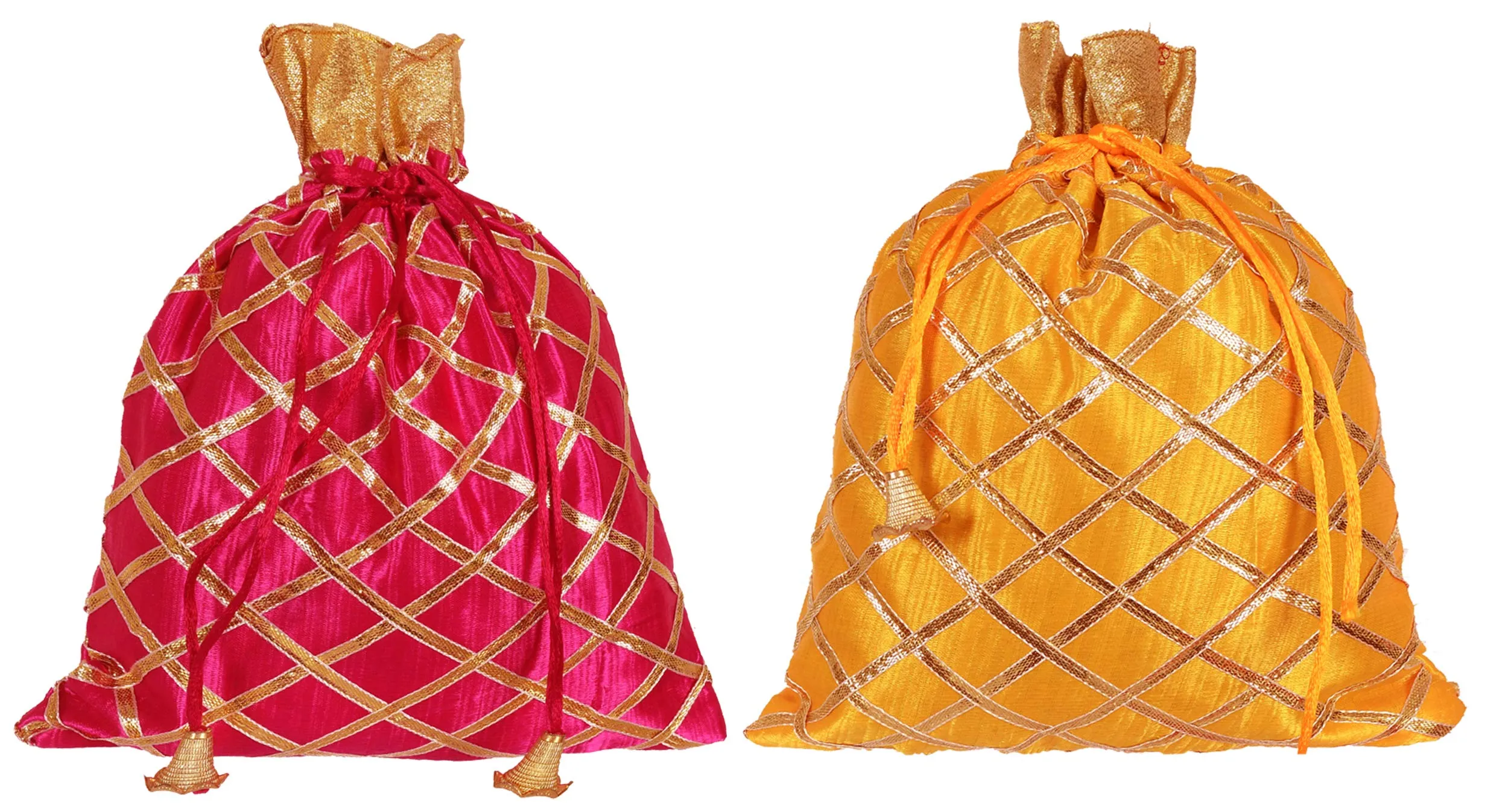 Kuber Industries Potli Bags Handbags for Women Gifting Wristlets for Wedding, Festival, Kitty Subh Shagun-Pack of 2 (Pink & Yellow)