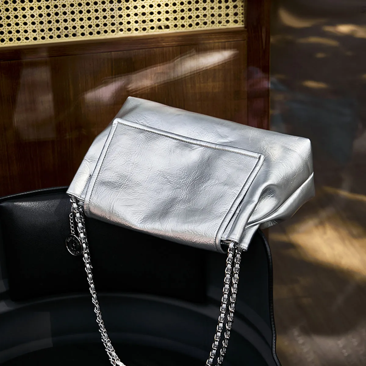 Metallic Leather Chain Strapped Shoulder Bag