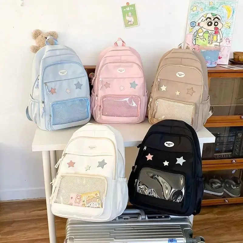 Uakiss Pink Womens Backpack Cute Patchwork Transparent Fashion Backpacks Nylon Casual Large Capacity Travel Harajuku Female Bag